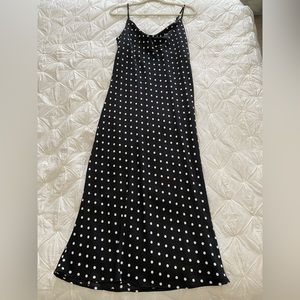 Cowl neck silky dress navy polka dots